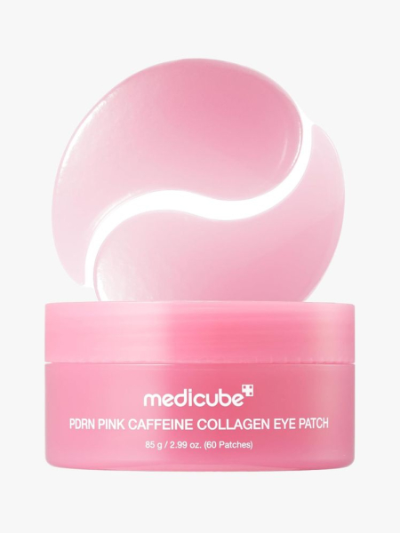 Medicube PDRN Caffeine Collagen Eye Patch in branded tub component on a light gray background