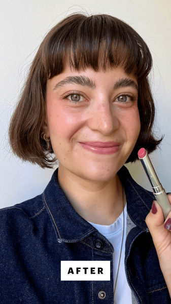 Felbin after applying the Clinique Almost Lipstick in Pink Honey